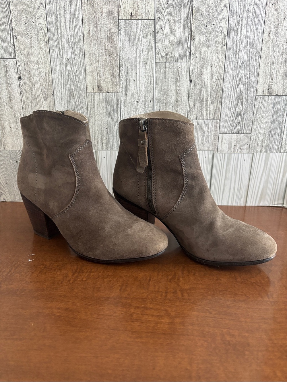 Boden Taupe Suede Ankle Booties with Block Heel